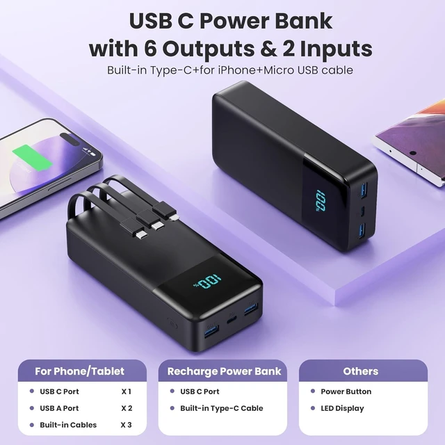 Alt view image 2 of 7 - Portable Charger Power Bank 50800mAh,25W USB C Fast Charging Battery Pack with 3 Built in Cables & LED Display,6 Output 2 Input Travel Essentials Phone Charger for iPhone 17/16/15,Galaxy,Android etc