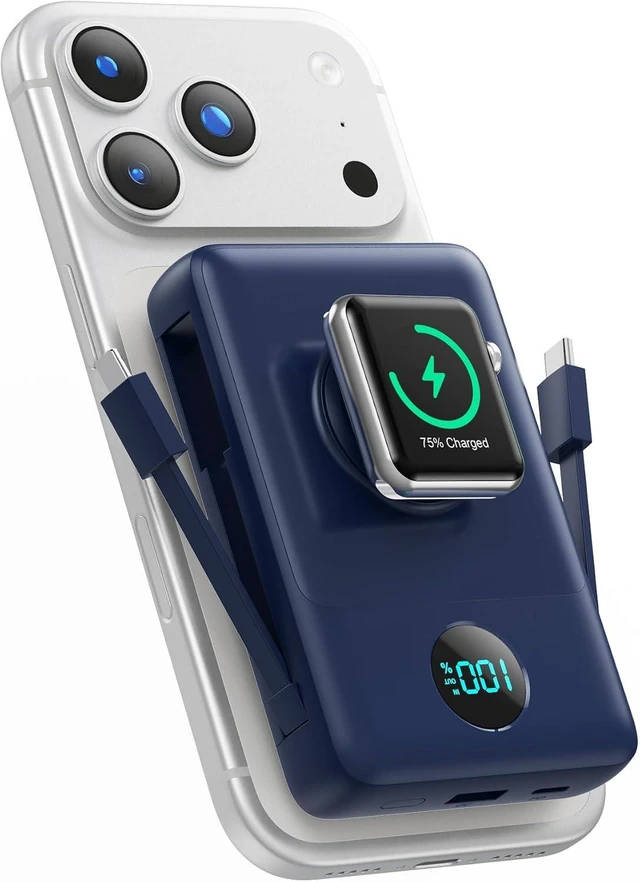 Main image of Magnetic Portable Charger 13800mAh with Built-in Cables,Wireless Power Bank for Magsafe,25W PD Fast Charging USB-C Travel Essentials Battery Pack for iPhone 17/16/15/14/13/12 Series, Watch-Blue