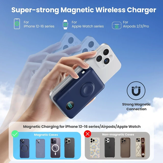 Alt view image 4 of 6 - Magnetic Portable Charger 13800mAh with Built-in Cables,Wireless Power Bank for Magsafe,25W PD Fast Charging USB-C Travel Essentials Battery Pack for iPhone 17/16/15/14/13/12 Series, Watch-Blue