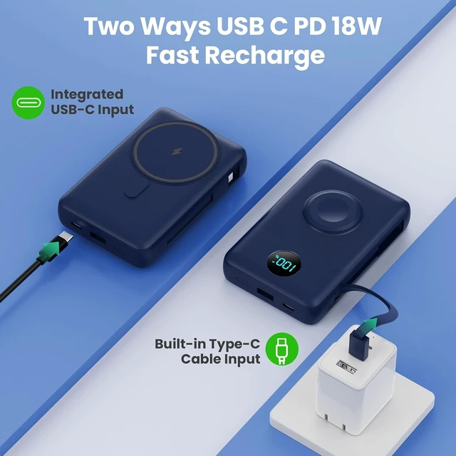 Alt view image 5 of 6 - Magnetic Portable Charger 13800mAh with Built-in Cables,Wireless Power Bank for Magsafe,25W PD Fast Charging USB-C Travel Essentials Battery Pack for iPhone 17/16/15/14/13/12 Series, Watch-Blue