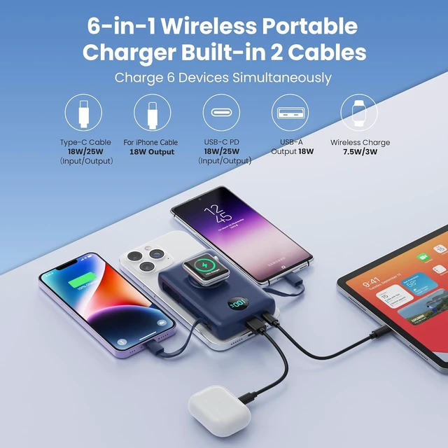 Alt view image 6 of 6 - Magnetic Portable Charger 13800mAh with Built-in Cables,Wireless Power Bank for Magsafe,25W PD Fast Charging USB-C Travel Essentials Battery Pack for iPhone 17/16/15/14/13/12 Series, Watch-Blue