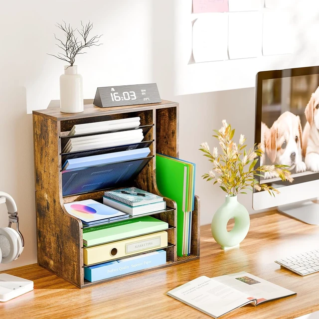 Alt view image 2 of 7 - 7- Tier Desk File Organizer, Paper Organizer, Rustic Brown