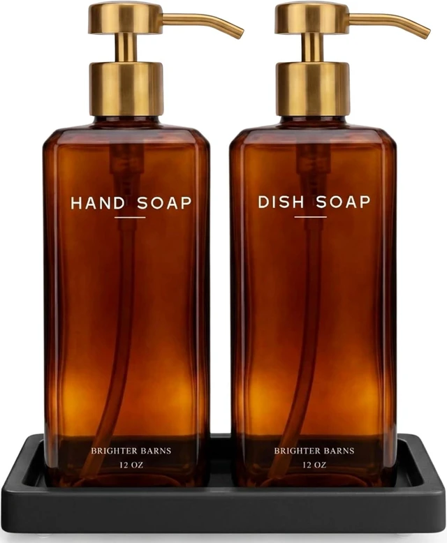 Main image of Luxury Glass Hand and Dish Soap Dispenser Set by - 12oz Kitchen Soap Dispenser with Pump and Ceramic Tray for Kitchen Sink - Gold Home Decor for Vacation Rental, Restaurant (Amber/Gold)