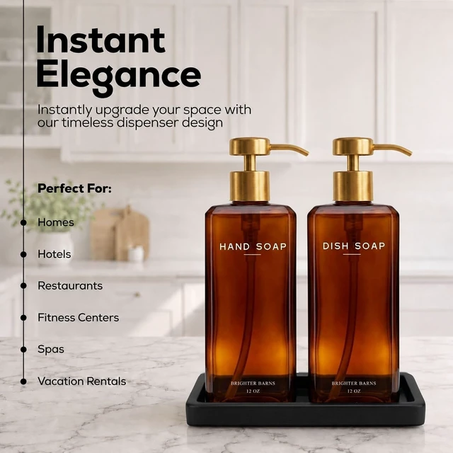Alt view image 2 of 7 - Luxury Glass Hand and Dish Soap Dispenser Set by - 12oz Kitchen Soap Dispenser with Pump and Ceramic Tray for Kitchen Sink - Gold Home Decor for Vacation Rental, Restaurant (Amber/Gold)