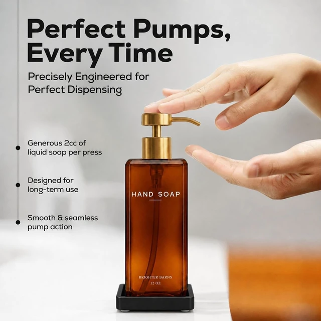 Alt view image 4 of 7 - Luxury Glass Hand and Dish Soap Dispenser Set by - 12oz Kitchen Soap Dispenser with Pump and Ceramic Tray for Kitchen Sink - Gold Home Decor for Vacation Rental, Restaurant (Amber/Gold)