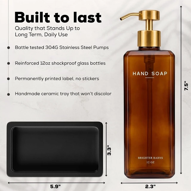 Alt view image 3 of 7 - Luxury Glass Hand and Dish Soap Dispenser Set by - 12oz Kitchen Soap Dispenser with Pump and Ceramic Tray for Kitchen Sink - Gold Home Decor for Vacation Rental, Restaurant (Amber/Gold)