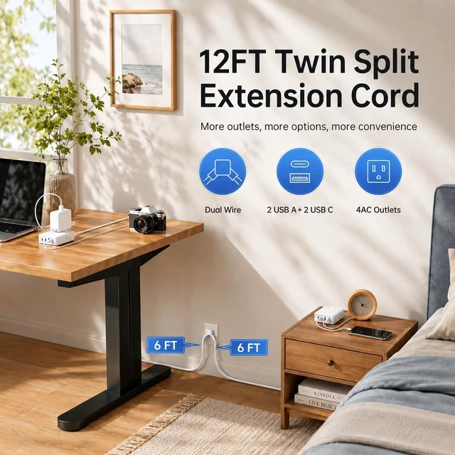 Alt view image 2 of 7 - Split Extension Cord 12FT(6FT Per Side) - Single 4 AC & 4 USB Ports