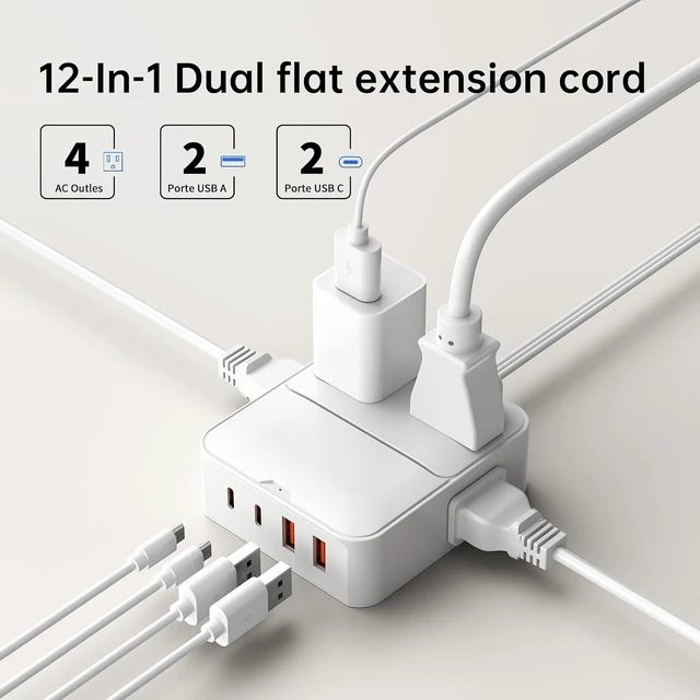 Alt view image 5 of 7 - Split Extension Cord 12FT(6FT Per Side) - Single 4 AC & 4 USB Ports