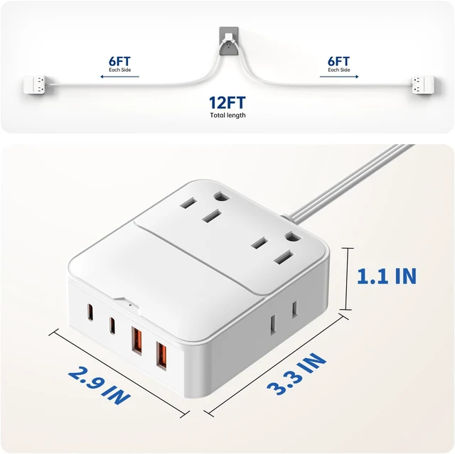 Alt view image 6 of 7 - Split Extension Cord 12FT(6FT Per Side) - Single 4 AC & 4 USB Ports