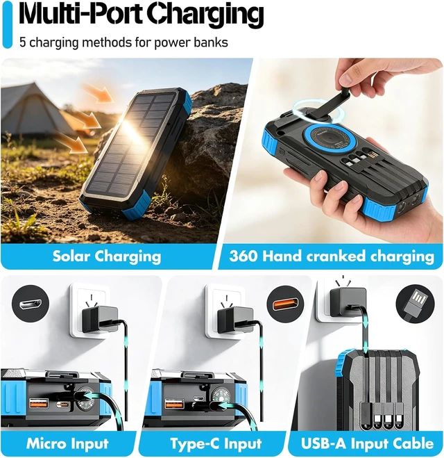 Alt view image 4 of 7 - 49800mAh Solar Power Bank with Hand Crank and 4 Cables, 3 in 1 Wireless Portable Charger with Camping Light & Compass, 25W Fast Charging USB C Battery for Camping Outdoor Emergency iPhone Android