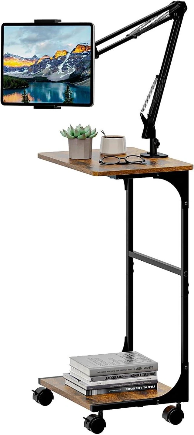 Main image of Floor Kindle Tablet iPad Stand with C-Shaped Side Table, Angle Height Adjustable iPad Tablet Kindle Holder for Bed with 360-Degree Rotating Wheels, Compatible with 4.7"-13" Kindle Cell Phone iPhone