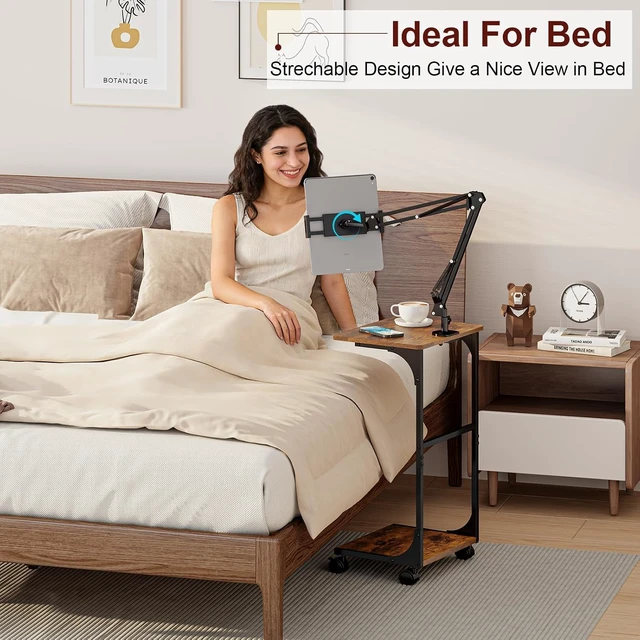 Alt view image 2 of 7 - Floor Kindle Tablet iPad Stand with C-Shaped Side Table, Angle Height Adjustable iPad Tablet Kindle Holder for Bed with 360-Degree Rotating Wheels, Compatible with 4.7"-13" Kindle Cell Phone iPhone