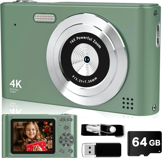 Main image of Digital Camera, 44MP Full HD 1080P Point and Shoot Camera with 64GB Card, Anti Shake 16X Zoom Compact Volg Cameras, Portable Small Camara Gift for Kids, Ages Teen Girl Boy - Green