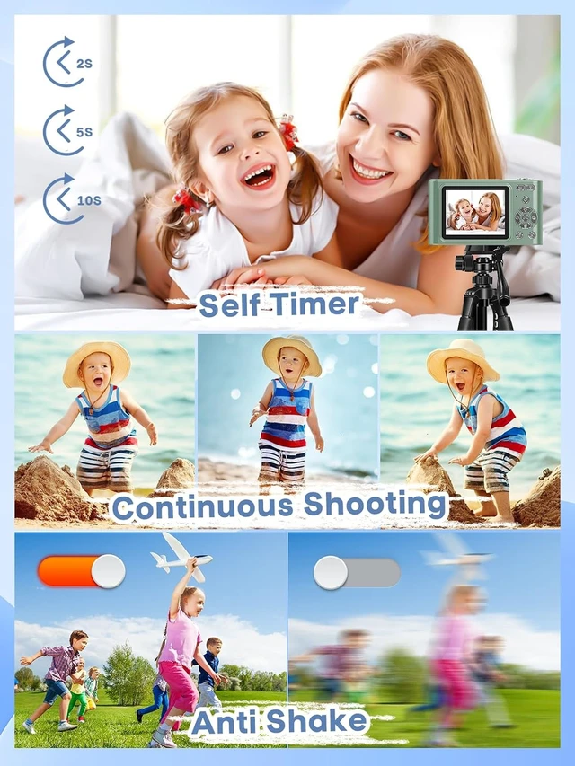 Alt view image 5 of 6 - Digital Camera, 44MP Full HD 1080P Point and Shoot Camera with 64GB Card, Anti Shake 16X Zoom Compact Volg Cameras, Portable Small Camara Gift for Kids, Ages Teen Girl Boy - Green