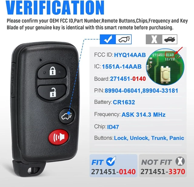 Alt view image 2 of 7 - Keyless Entry Smart Proximity Key Fob Replacement for Toyota Highlander 2008-2013 HYQ14AAB 271451-0140 Board 89904-48110 4 Button 314.3MHz(for SUV ONLY)