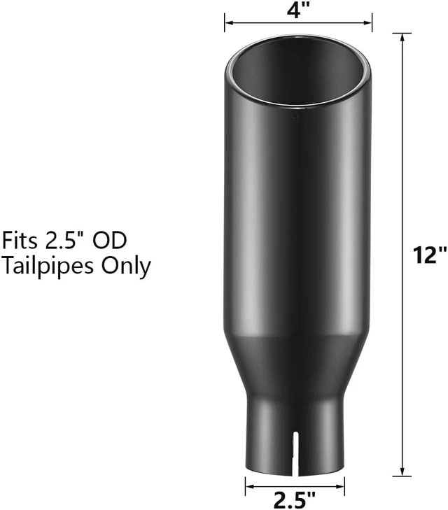 Alt view image 3 of 7 - Black Chrome Exhaust Tips 2.5" Inlet, 2.5" Inlet 4" Outlet 12" Length Clamp on Universal Never Fading Stainless Steel Muffler Tip