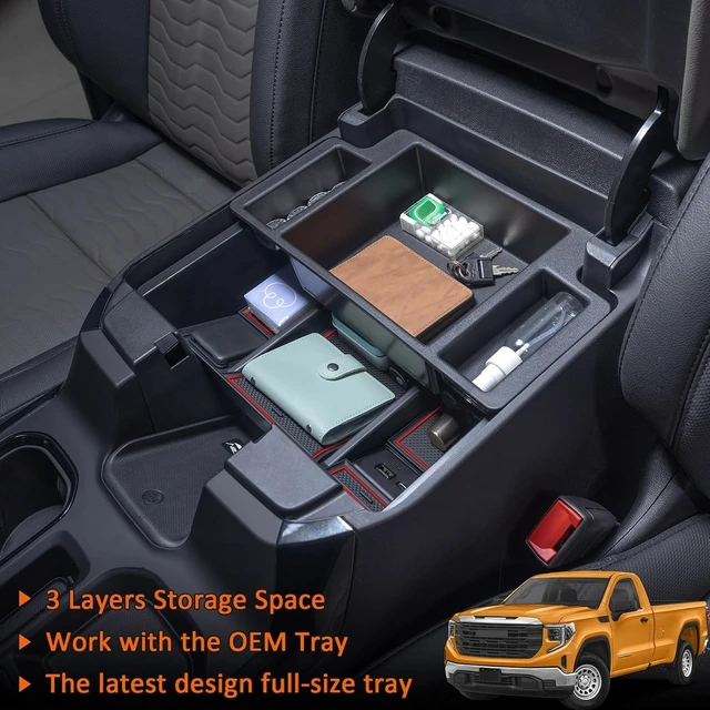 Alt view image 4 of 7 - 22-26 Red Refreshed Full Tray Compatible with 2022-2026 Silverado/Sierra 1500 and 2024-2026 Chevy Silverado/GMC Sierra 2500HD 3500HD, Armrest Organizer (Full Console w/Bucket Seats ONLY)