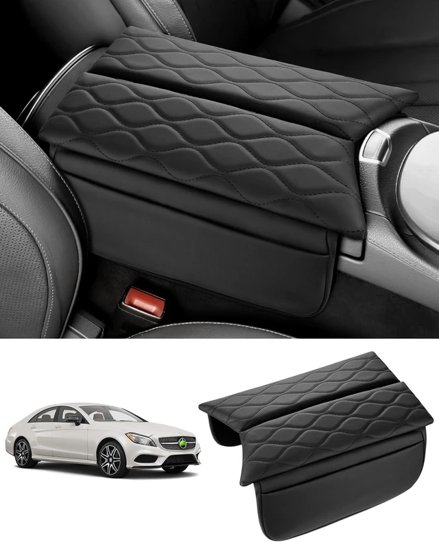Main image of Center Console Cover for Mercedes Benz E Class W213 2017-2023, CLS 450 C257 2019-2023, PU Leather Armrest Cover Protector with Side Storage Pockets, Waterproof Console Pad, Black