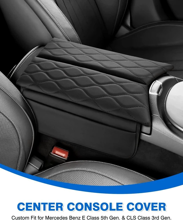 Alt view image 2 of 7 - Center Console Cover for Mercedes Benz E Class W213 2017-2023, CLS 450 C257 2019-2023, PU Leather Armrest Cover Protector with Side Storage Pockets, Waterproof Console Pad, Black