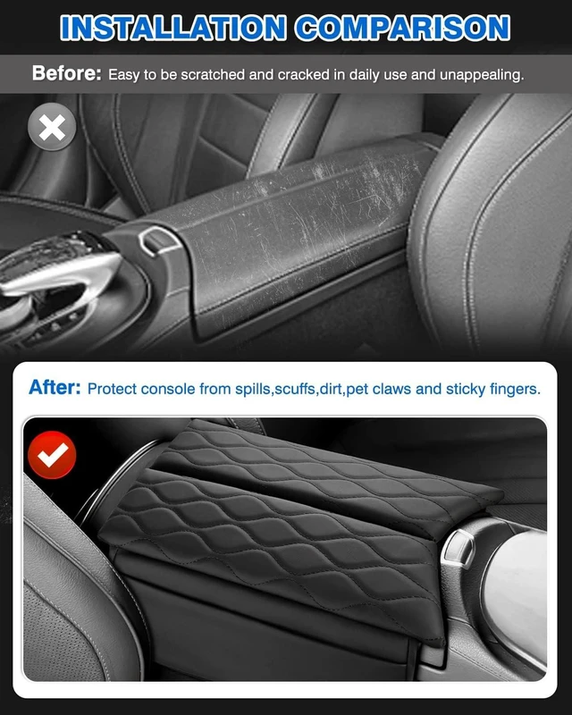 Alt view image 4 of 7 - Center Console Cover for Mercedes Benz E Class W213 2017-2023, CLS 450 C257 2019-2023, PU Leather Armrest Cover Protector with Side Storage Pockets, Waterproof Console Pad, Black