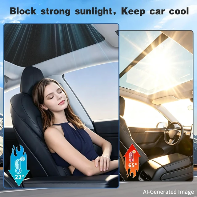 Alt view image 4 of 6 - Black Sunshade Roof Sunroof Cover Waterproof Sunshade - Fits 2020-2026 Tesla Model 3/ Highland - UV Block & Heat Reduction Window Accessories - with Black Buckle - No Sag Ice-Crystal Cooling Coatings