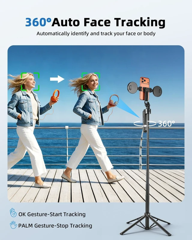 Alt view image 3 of 6 - Auto Face Tracking Selfie Stick Tripod for iPhone with Light 360° Rotation that Follows Your Movement 70.9" Camera Tripod Stand with Remote for Content Creator Vlog Live Stream Video Recording