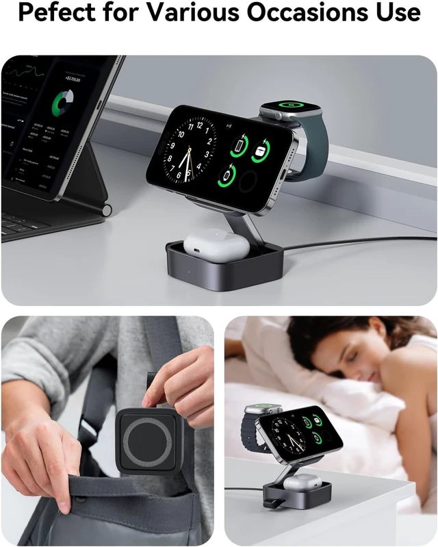 Alt view image 7 of 7 - 3 in 1 Wireless Charging Station for Devices, Magnetic Foldable Travel Fast Charger Stand Compatible with MagSafe for iPhone 18/Air/17/16/15/14/13/12 Series, Watch & AirPods Pro/4/3/2