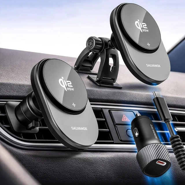 Main image of Magnetic Wireless Car Charger Mount for Galaxy Phones, Qi2.2 25W Fast Charging (Compatible with MagSafe), Dual-Arm Adjustable Dashboard Mount with 45W USB-C Adapter