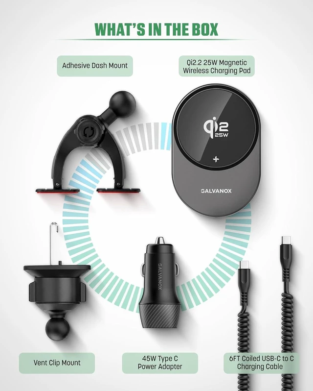 Alt view image 7 of 7 - Magnetic Wireless Car Charger Mount for Galaxy Phones, Qi2.2 25W Fast Charging (Compatible with MagSafe), Dual-Arm Adjustable Dashboard Mount with 45W USB-C Adapter