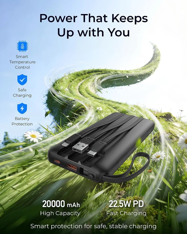 Alt view image 3 of 7 - Portable Charger 4-Built-in-Cables 20000mAh Fast Charging Power Bank