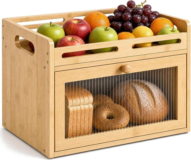 Main image of Bread Box for Kitchen Countertop, Bamboo Storage Container with Top Shelf