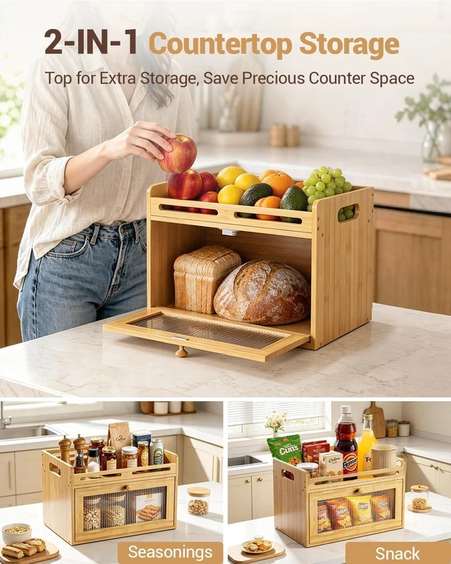 Alt view image 2 of 7 - Bread Box for Kitchen Countertop, Bamboo Storage Container with Top Shelf