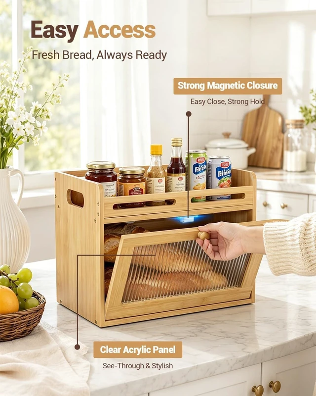 Alt view image 3 of 7 - Bread Box for Kitchen Countertop, Bamboo Storage Container with Top Shelf