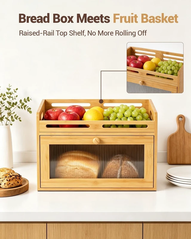 Alt view image 4 of 7 - Bread Box for Kitchen Countertop, Bamboo Storage Container with Top Shelf