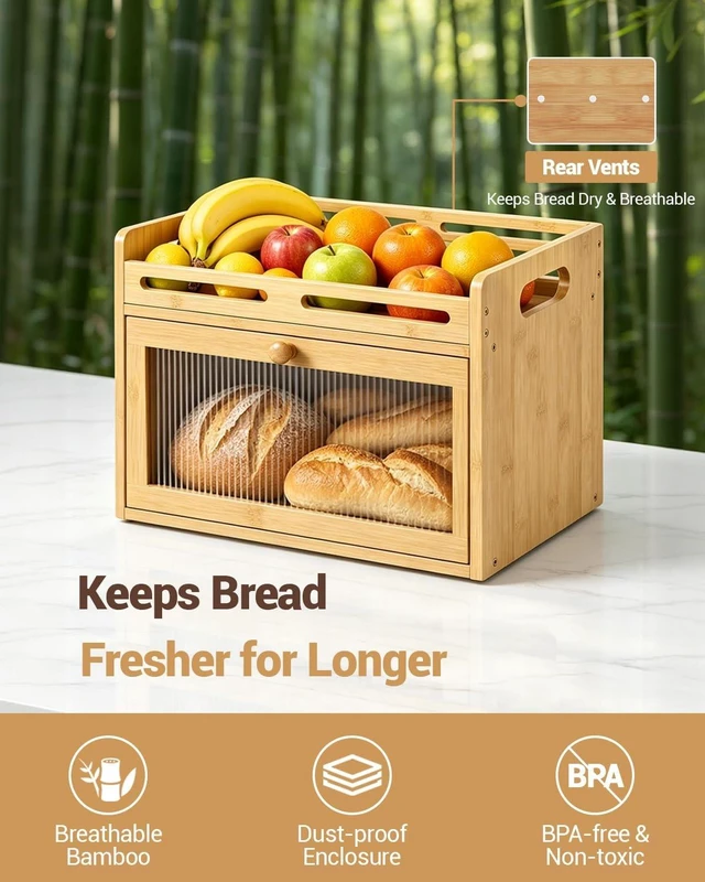 Alt view image 5 of 7 - Bread Box for Kitchen Countertop, Bamboo Storage Container with Top Shelf
