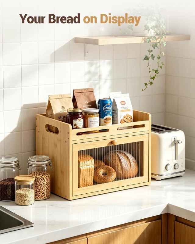 Alt view image 6 of 7 - Bread Box for Kitchen Countertop, Bamboo Storage Container with Top Shelf