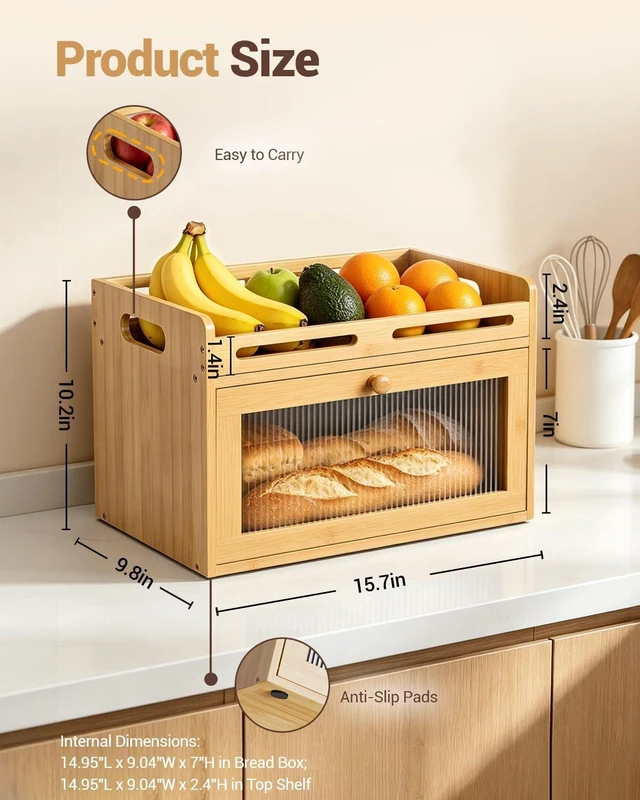 Alt view image 7 of 7 - Bread Box for Kitchen Countertop, Bamboo Storage Container with Top Shelf
