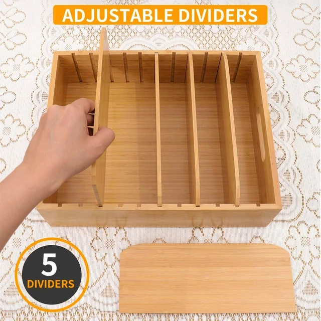 Alt view image 4 of 7 - Bamboo Lid Holder Food Container, Kitchen Organizer with 5 Adjustable Dividers, Cabinet Organizer for Food, Kitchen Gadget, Container Lids (2pcs)