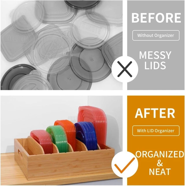 Alt view image 5 of 7 - Bamboo Lid Holder Food Container, Kitchen Organizer with 5 Adjustable Dividers, Cabinet Organizer for Food, Kitchen Gadget, Container Lids (2pcs)
