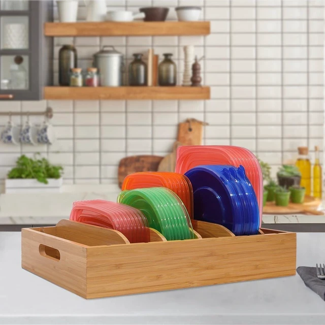 Alt view image 6 of 7 - Bamboo Lid Holder Food Container, Kitchen Organizer with 5 Adjustable Dividers, Cabinet Organizer for Food, Kitchen Gadget, Container Lids (2pcs)