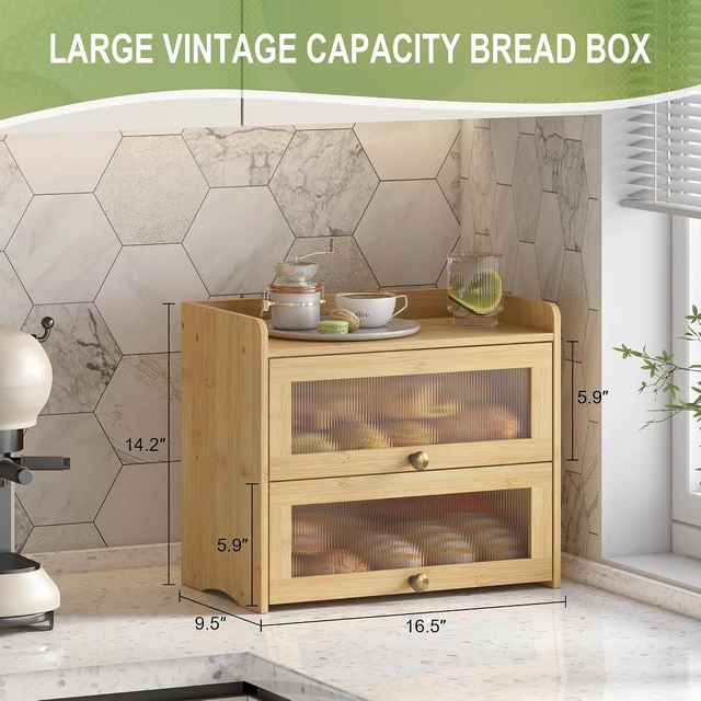 Alt view image 2 of 7 - Large Vintage Bread Box for Kitchen Countertop Farmhouse Bread Holder