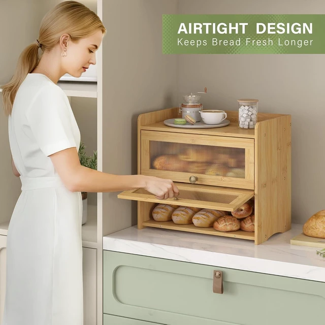 Alt view image 3 of 7 - Large Vintage Bread Box for Kitchen Countertop Farmhouse Bread Holder