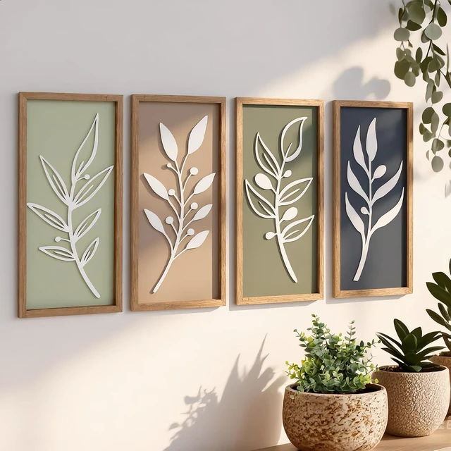 Main image of 3D Tree Leaf Wooden Framed Boho Wall Art (Set of 4)