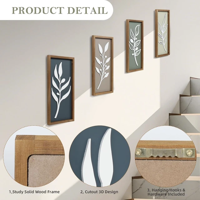 Alt view image 3 of 7 - 3D Tree Leaf Wooden Framed Boho Wall Art (Set of 4)