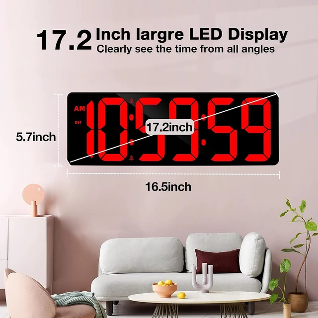 Alt view image 3 of 7 - 17.2" Large Digital Timer Wall Clock with Remote Control, Count Down Up Digital Timer, Auto DST LED Big Digital Clock for Bedroom Kitchen Living Room Office Gym Home Decor, Red