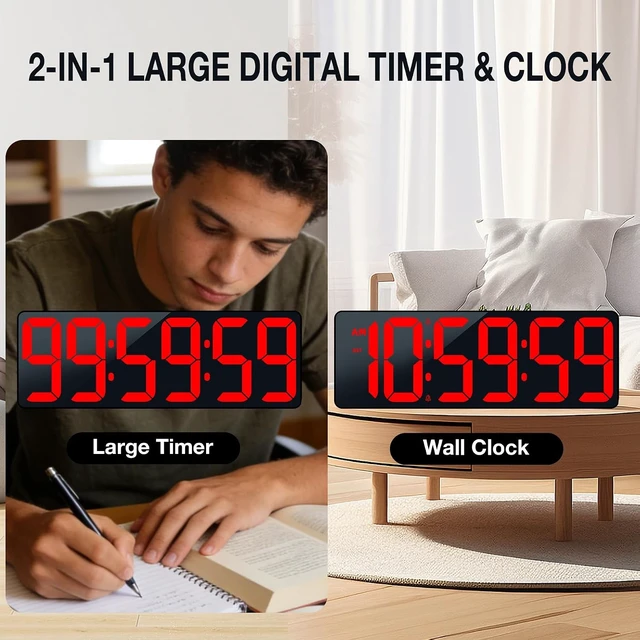 Alt view image 2 of 7 - 17.2" Large Digital Timer Wall Clock with Remote Control, Count Down Up Digital Timer, Auto DST LED Big Digital Clock for Bedroom Kitchen Living Room Office Gym Home Decor, Red