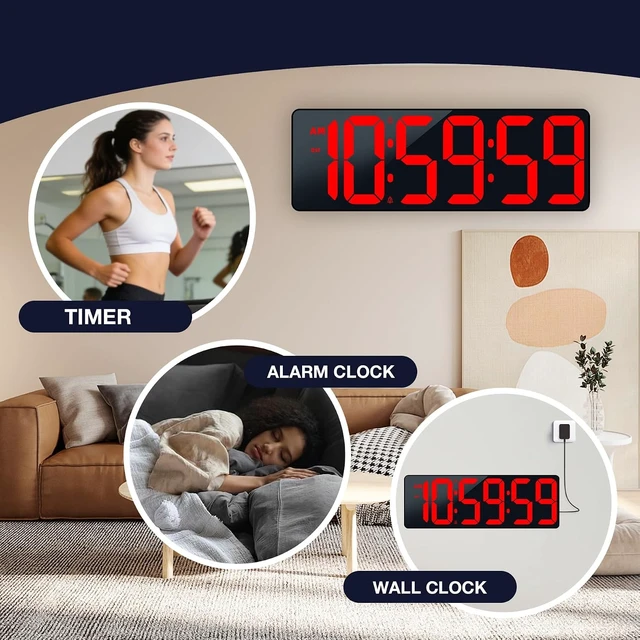 Alt view image 7 of 7 - 17.2" Large Digital Timer Wall Clock with Remote Control, Count Down Up Digital Timer, Auto DST LED Big Digital Clock for Bedroom Kitchen Living Room Office Gym Home Decor, Red