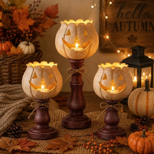 Alt view image 3 of 6 - 3PCS Pumpkin Tealight Candle Holder Set, Fall Decor, Halloween Party