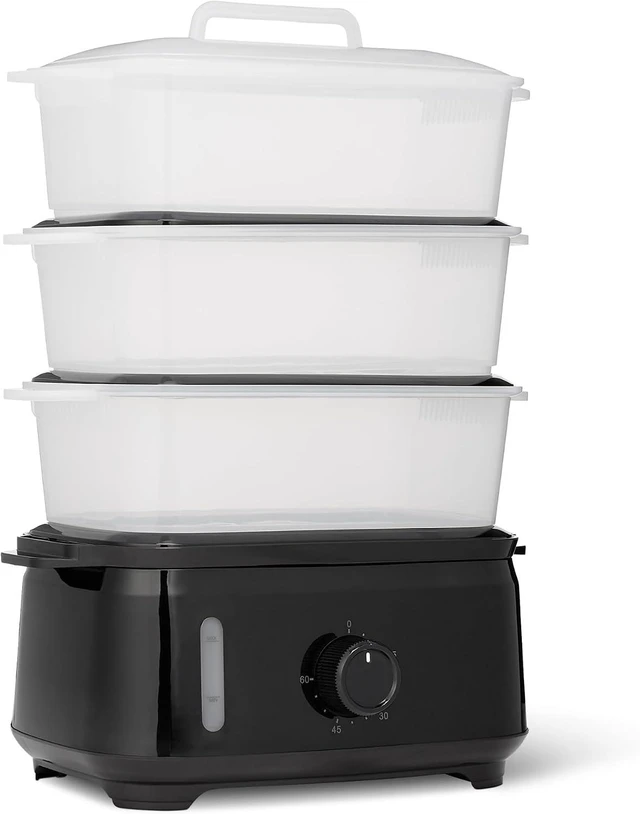 Main image of Electric Food Steamer for Cooking Vegetables, 3-Tier Design, 60-Minute Timer with Auto Shutoff, Easy Water Refill System, BPA-Free, 9.5 QT, Black