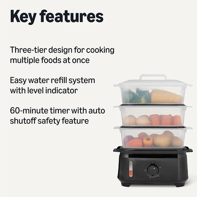 Alt view image 2 of 5 - Electric Food Steamer for Cooking Vegetables, 3-Tier Design, 60-Minute Timer with Auto Shutoff, Easy Water Refill System, BPA-Free, 9.5 QT, Black